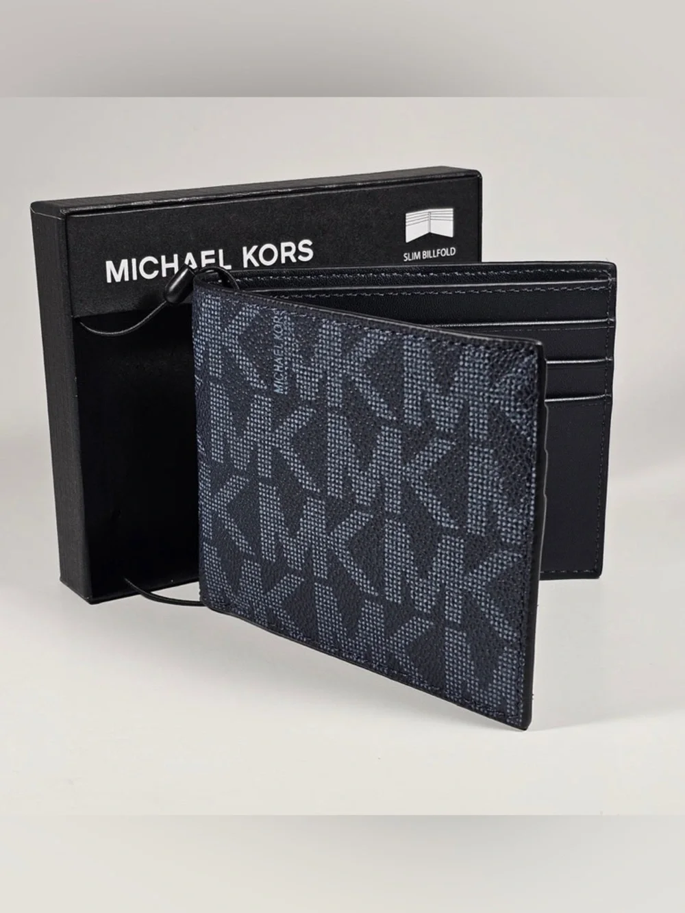 New in box Michael Kors slim Andy billfold wallet in black and blue monogram NEW - Picture 5 of 11